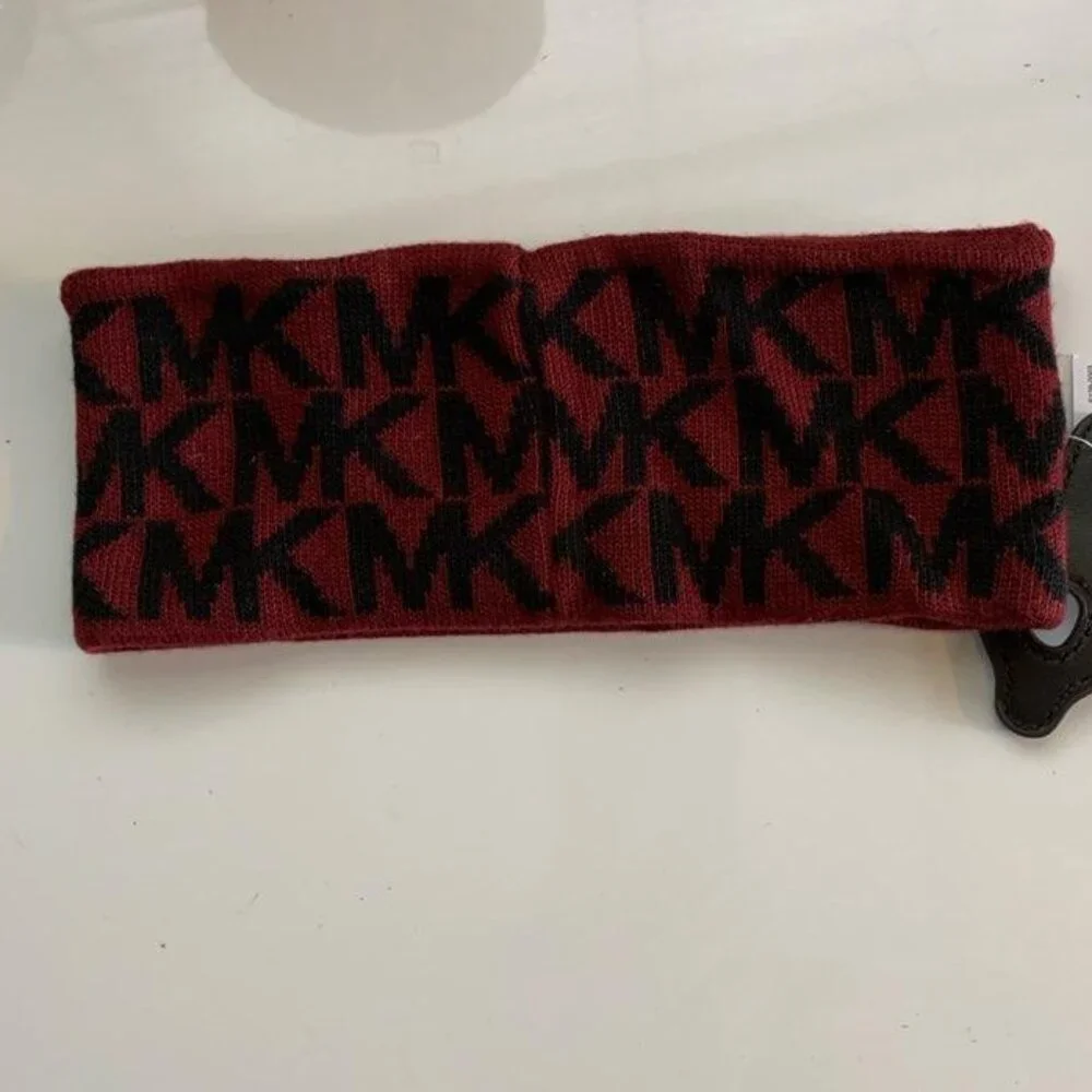 Michael Kors signature headband in a burgundy and black MK logo print